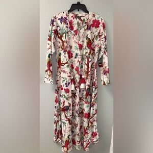 Jayshree Dalal Floral Bird Print Top in Cream, Pink & Teal